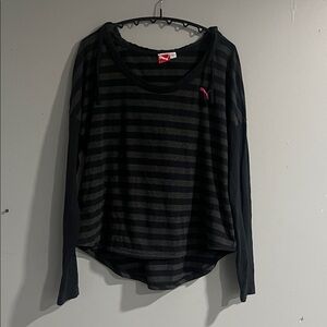 Puma Women's Long Sleeve Black Striped Hooded Tee Medium